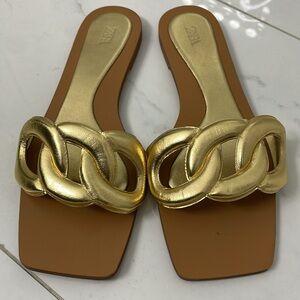 ZARA metallic gold leather / tan sliders sandals flats size 37 / 7 elegant rare